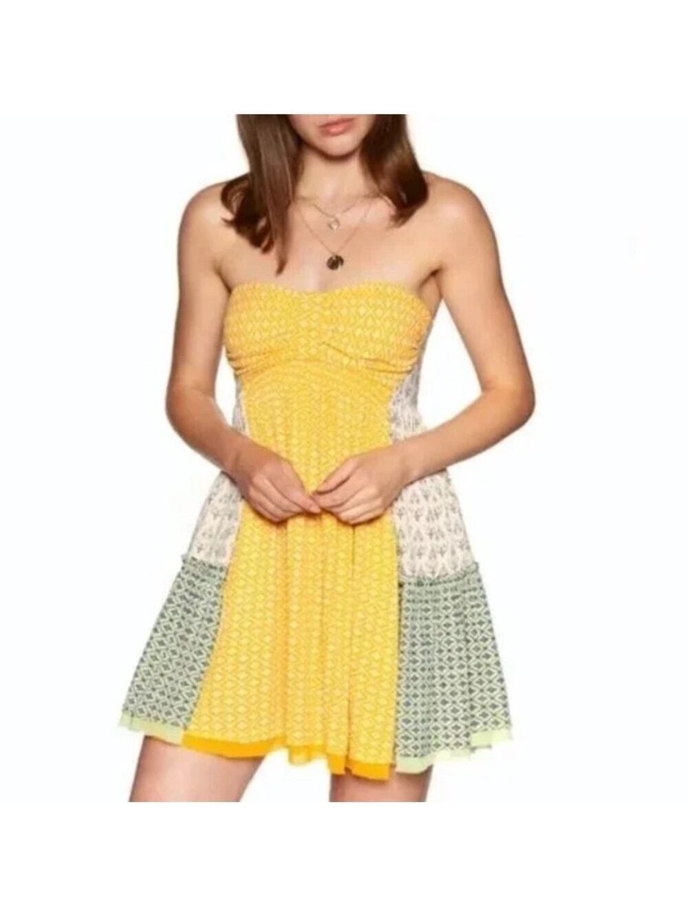 GUC Free People Across The Sea Strapless Patchwork Tunic Top Mini Dress - Size L